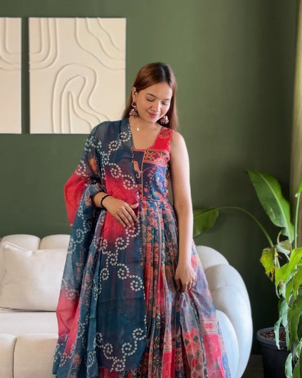 Soft Organza Patola Printed Festive Gown with Dupatta Set - Rosepetals Luxe