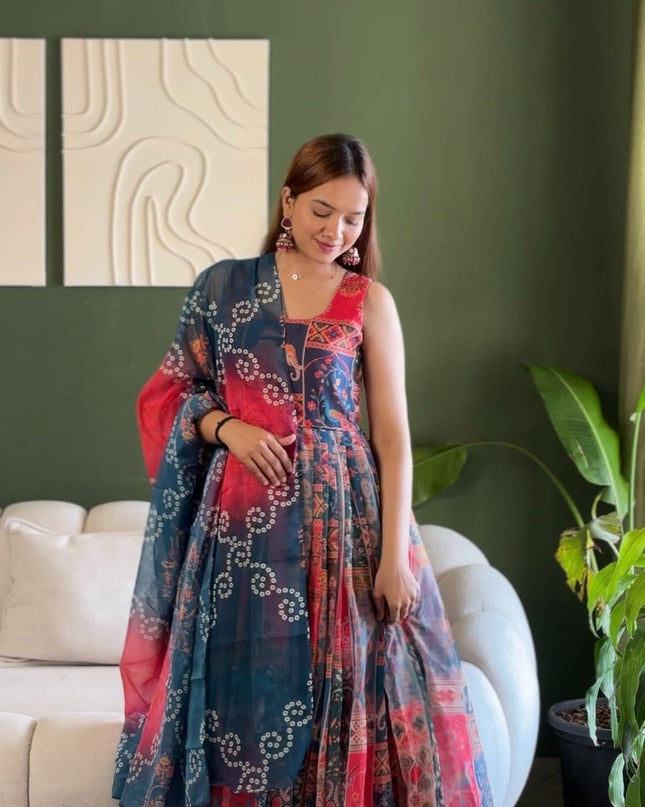 Soft Organza Patola Printed Festive Gown with Dupatta Set - Rosepetals Luxe