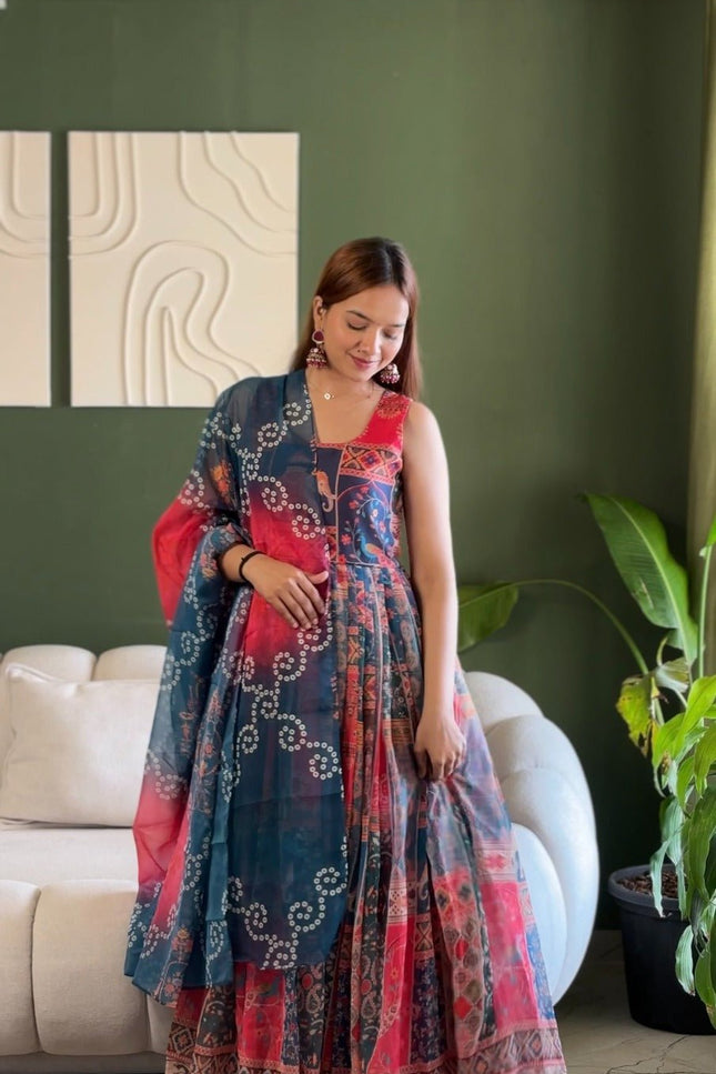 Soft Organza Patola Printed Festive Gown with Dupatta Set - Rosepetals Luxe