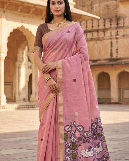 Soft Pure Muga Cotton Saree with Meenakari Weaving & Zari Border - Rosepetals Luxe