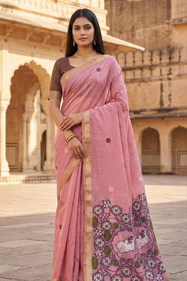 Soft Pure Muga Cotton Saree with Meenakari Weaving & Zari Border - Rosepetals Luxe