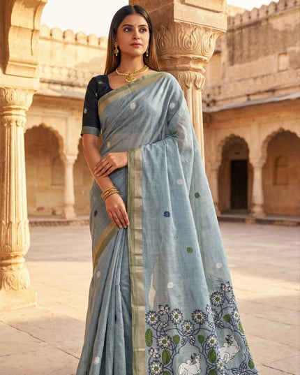 Soft Pure Muga Cotton Saree with Meenakari Weaving & Zari Border - Rosepetals Luxe