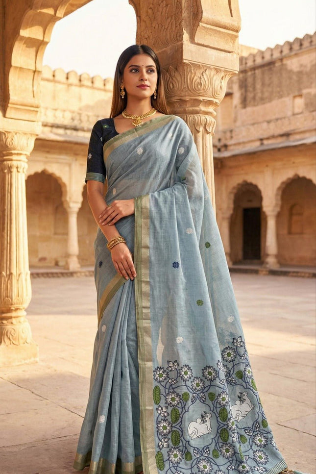 Soft Pure Muga Cotton Saree with Meenakari Weaving & Zari Border - Rosepetals Luxe
