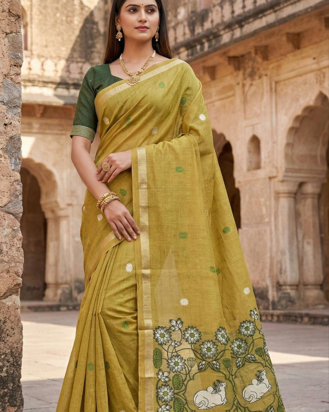 Soft Pure Muga Cotton Saree with Meenakari Weaving & Zari Border - Rosepetals Luxe