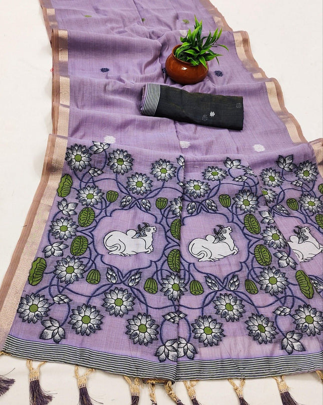 Soft Pure Muga Cotton Saree with Meenakari Weaving & Zari Border - Rosepetals Luxe