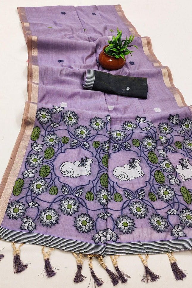 Soft Pure Muga Cotton Saree with Meenakari Weaving & Zari Border - Rosepetals Luxe