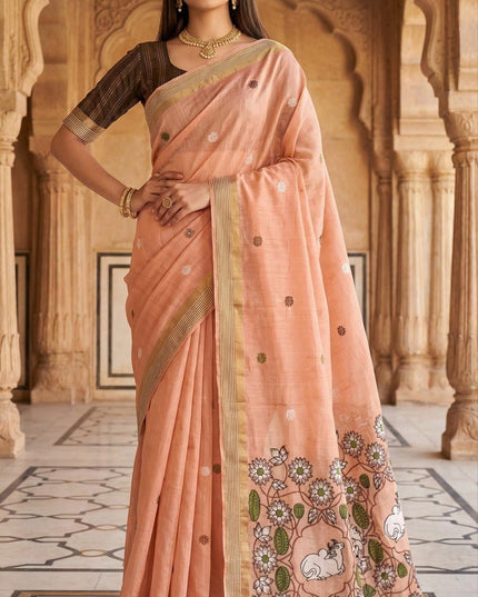 Soft Pure Muga Cotton Saree with Meenakari Weaving & Zari Border - Rosepetals Luxe