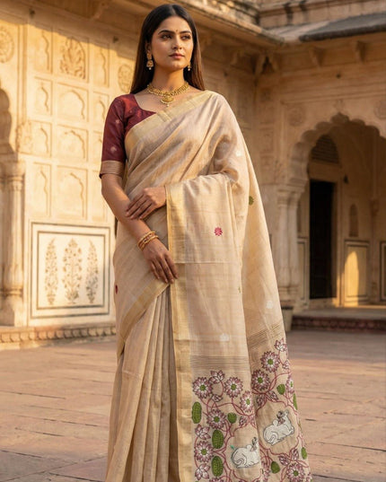 Soft Pure Muga Cotton Saree with Meenakari Weaving & Zari Border - Rosepetals Luxe