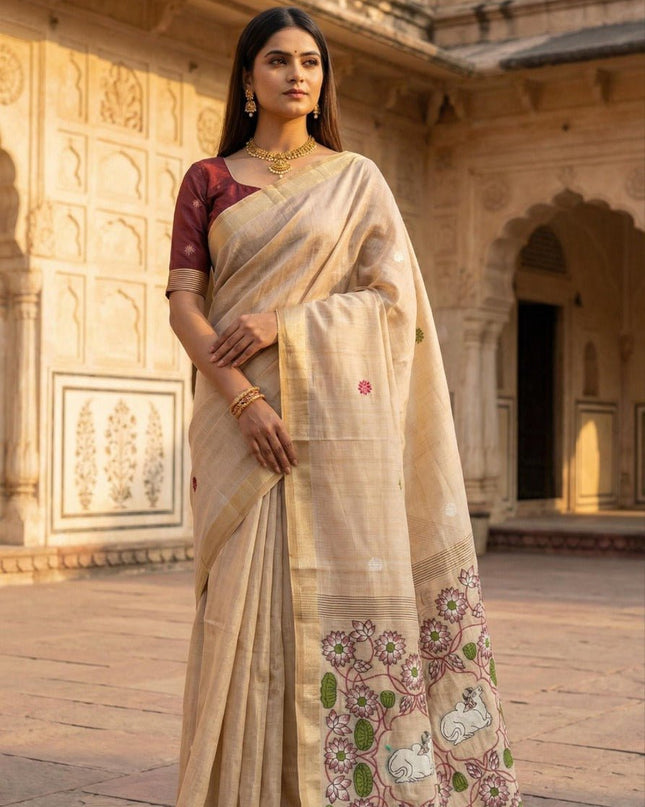 Soft Pure Muga Cotton Saree with Meenakari Weaving & Zari Border - Rosepetals Luxe