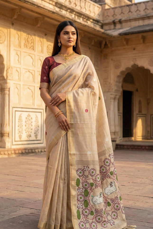 Soft Pure Muga Cotton Saree with Meenakari Weaving & Zari Border - Rosepetals Luxe