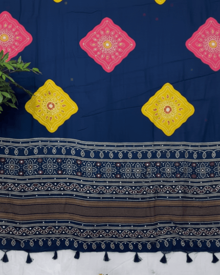 Soft Satin Crepe Ajrakh Print Saree | Mirror Work & Latkan | Running Blouse - Rosepetals Luxe