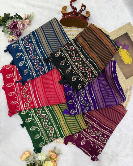 Soft Satin Crepe Ajrakh Print Saree | Mirror Work & Latkan | Running Blouse - Rosepetals Luxe