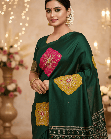 Soft Satin Crepe Ajrakh Print Saree | Mirror Work & Latkan | Running Blouse - Rosepetals Luxe