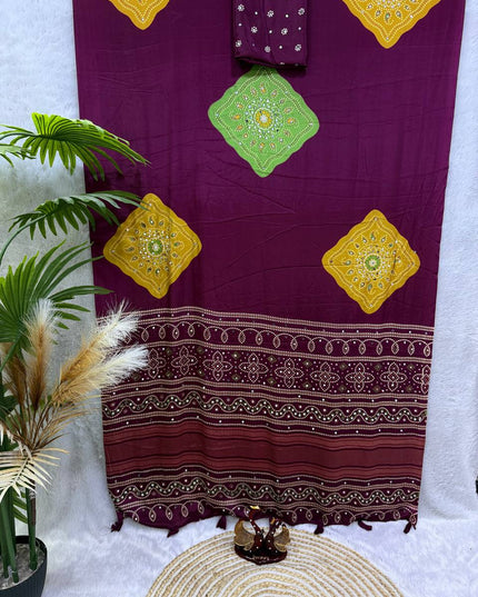 Soft Satin Crepe Ajrakh Print Saree | Mirror Work & Latkan | Running Blouse - Rosepetals Luxe