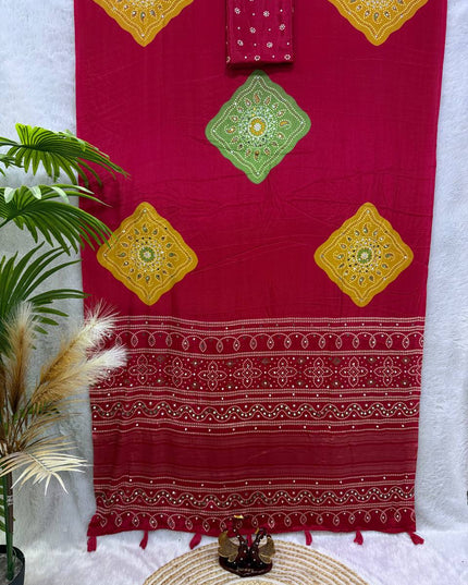 Soft Satin Crepe Ajrakh Print Saree | Mirror Work & Latkan | Running Blouse - Rosepetals Luxe