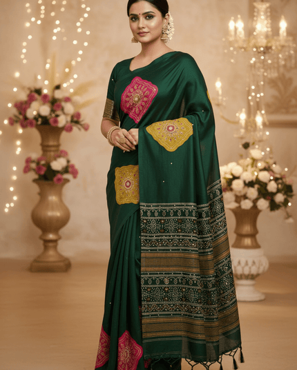 Soft Satin Crepe Ajrakh Print Saree | Mirror Work & Latkan | Running Blouse - Rosepetals Luxe