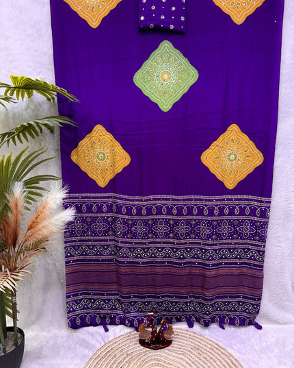 Soft Satin Crepe Ajrakh Print Saree | Mirror Work & Latkan | Running Blouse - Rosepetals Luxe
