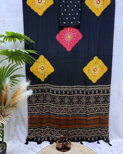 Soft Satin Crepe Ajrakh Print Saree | Mirror Work & Latkan | Running Blouse - Rosepetals Luxe