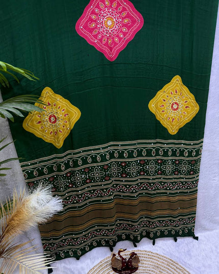 Soft Satin Crepe Ajrakh Print Saree | Mirror Work & Latkan | Running Blouse - Rosepetals Luxe