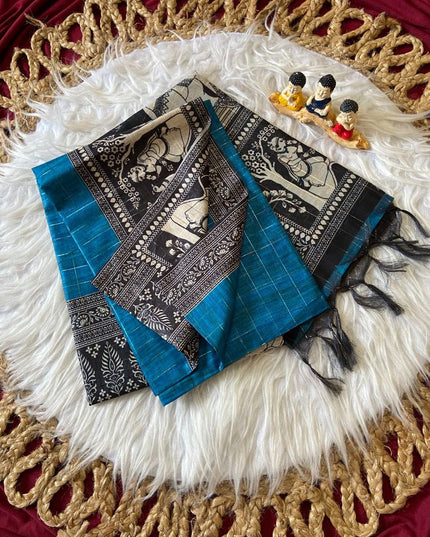 Soft Semi Tussar Silk Saree with Checks Design & Printed Blouse - Rosepetals Luxe