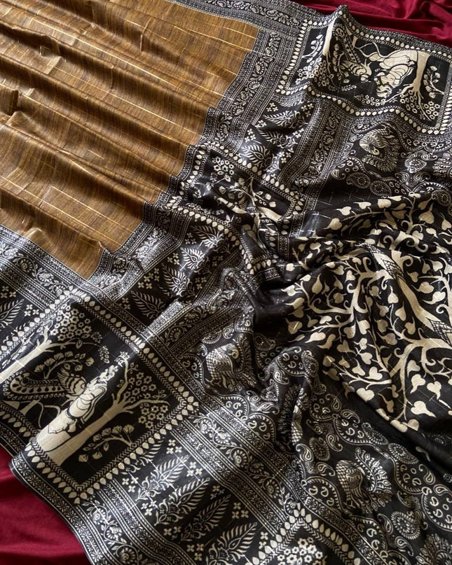 Soft Semi Tussar Silk Saree with Checks Design & Printed Blouse - Rosepetals Luxe