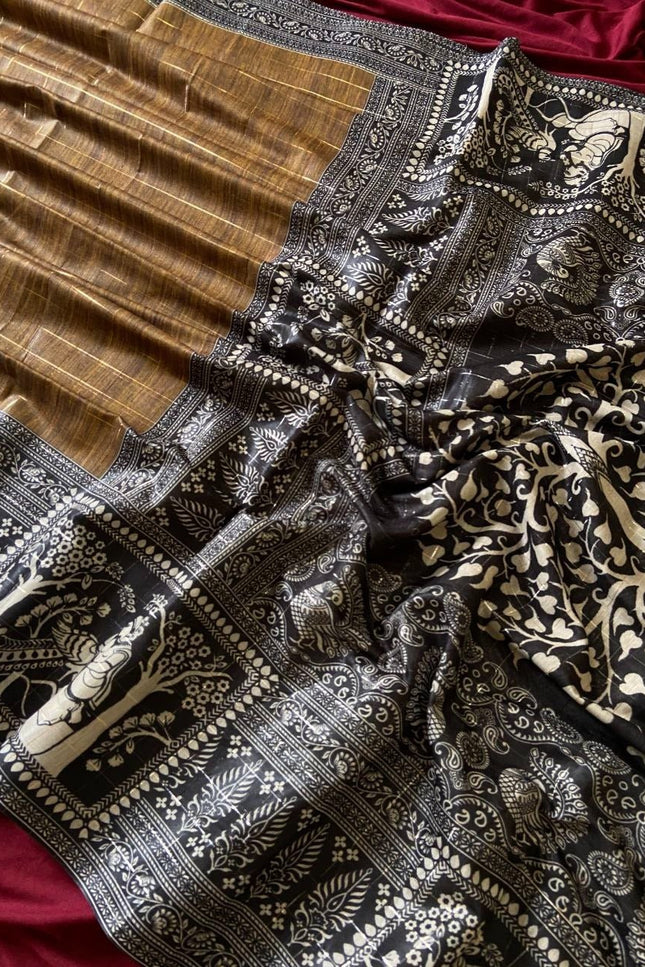 Soft Semi Tussar Silk Saree with Checks Design & Printed Blouse - Rosepetals Luxe