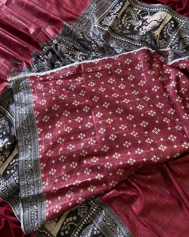 Soft Semi Tussar Silk Saree with Checks Design & Printed Blouse - Rosepetals Luxe