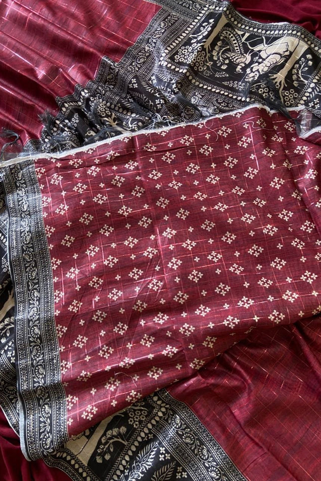 Soft Semi Tussar Silk Saree with Checks Design & Printed Blouse - Rosepetals Luxe