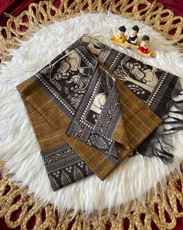 Soft Semi Tussar Silk Saree with Checks Design & Printed Blouse - Rosepetals Luxe