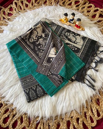 Soft Semi Tussar Silk Saree with Checks Design & Printed Blouse - Rosepetals Luxe