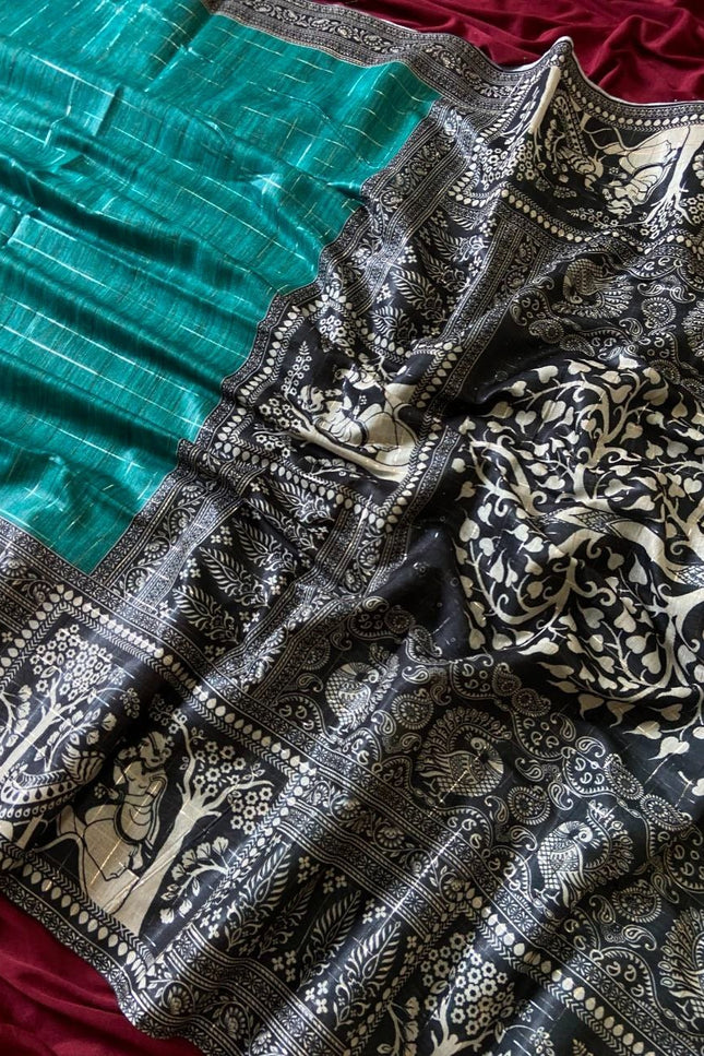 Soft Semi Tussar Silk Saree with Checks Design & Printed Blouse - Rosepetals Luxe