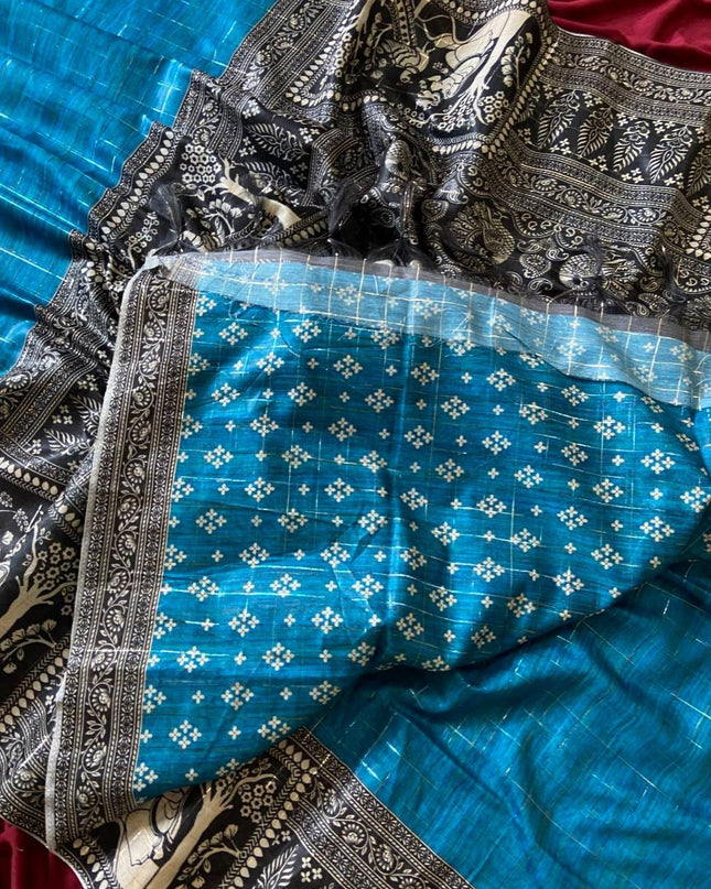 Soft Semi Tussar Silk Saree with Checks Design & Printed Blouse - Rosepetals Luxe