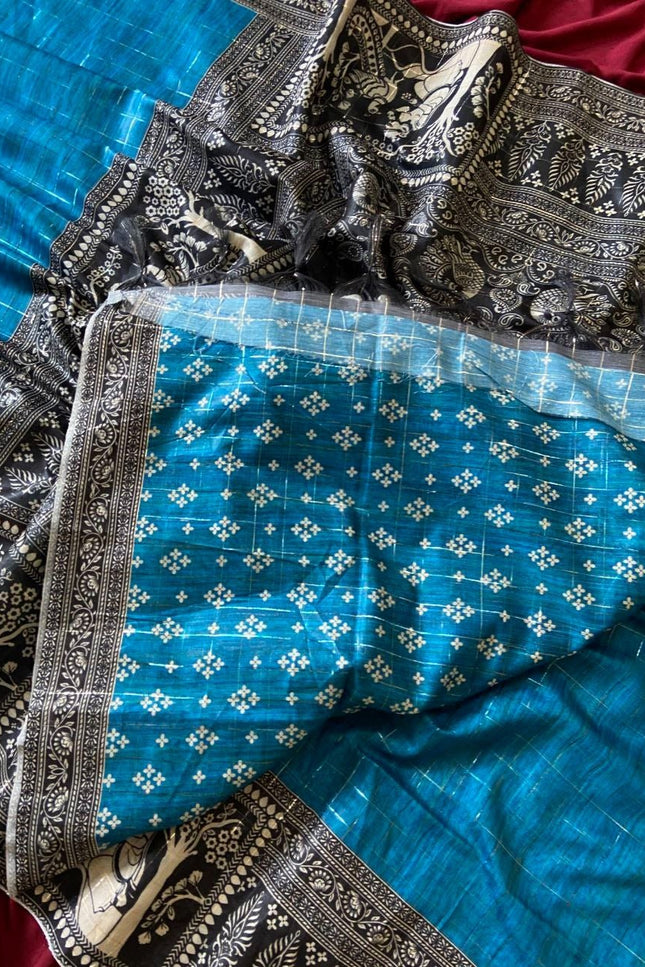 Soft Semi Tussar Silk Saree with Checks Design & Printed Blouse - Rosepetals Luxe