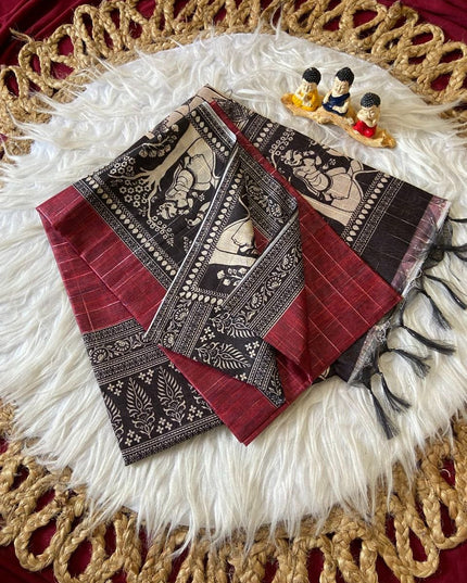 Soft Semi Tussar Silk Saree with Checks Design & Printed Blouse - Rosepetals Luxe