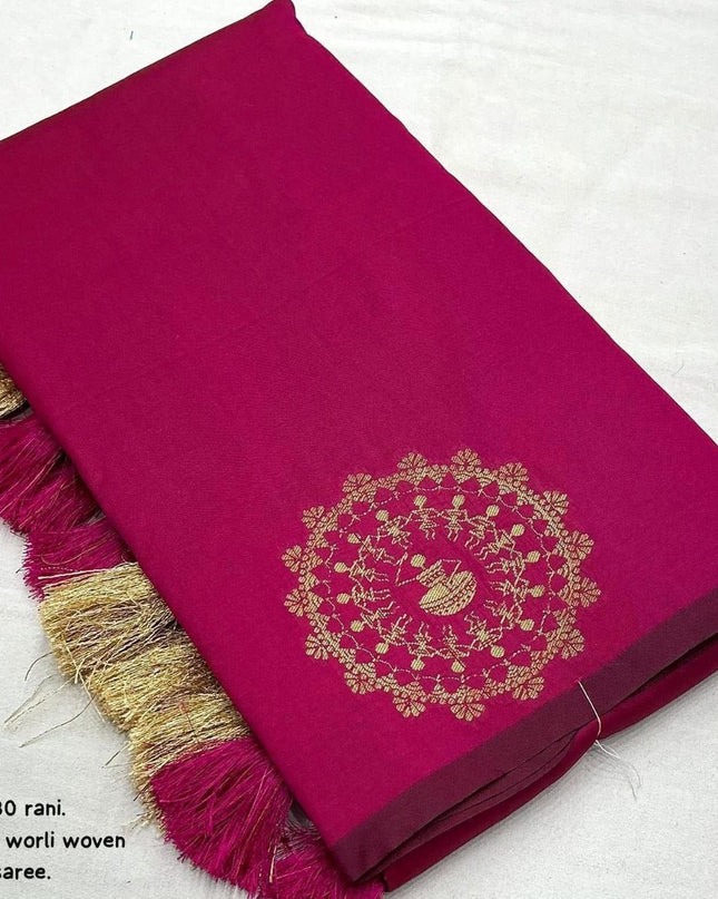 Soft Silk Worli Zari Woven Saree with Rich Pallu & Tassels - Rosepetals Luxe