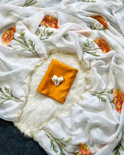 Soft Tabby With Beautiful Floral & Sparrow Print Saree | Jalapari Silk Blouse | Summer Cool Collection - Rosepetals Luxe