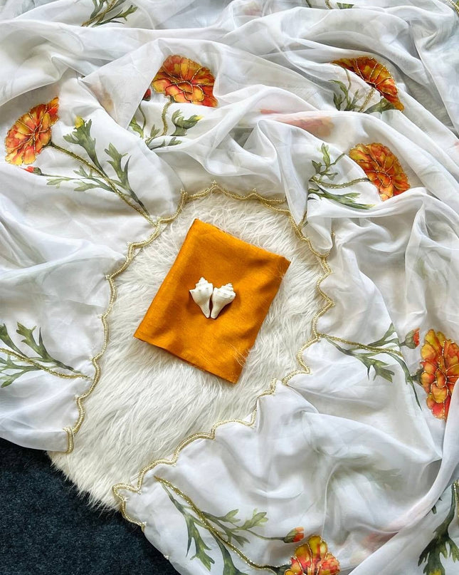 Soft Tabby With Beautiful Floral & Sparrow Print Saree | Jalapari Silk Blouse | Summer Cool Collection - Rosepetals Luxe
