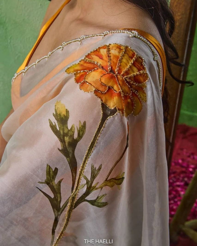 Soft Tabby With Beautiful Floral & Sparrow Print Saree | Jalapari Silk Blouse | Summer Cool Collection - Rosepetals Luxe