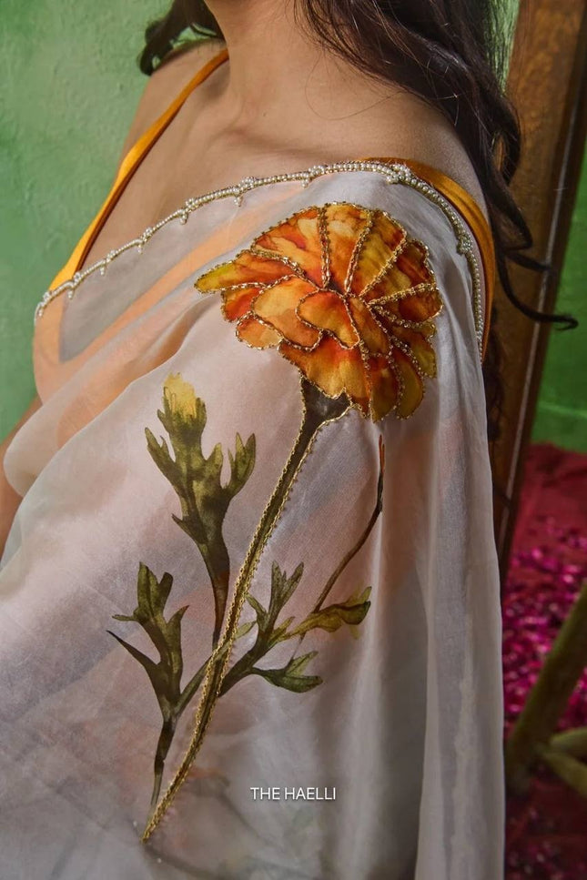 Soft Tabby With Beautiful Floral & Sparrow Print Saree | Jalapari Silk Blouse | Summer Cool Collection - Rosepetals Luxe