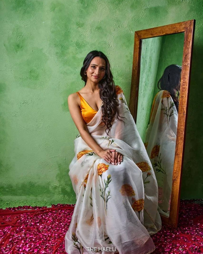 Soft Tabby With Beautiful Floral & Sparrow Print Saree | Jalapari Silk Blouse | Summer Cool Collection - Rosepetals Luxe