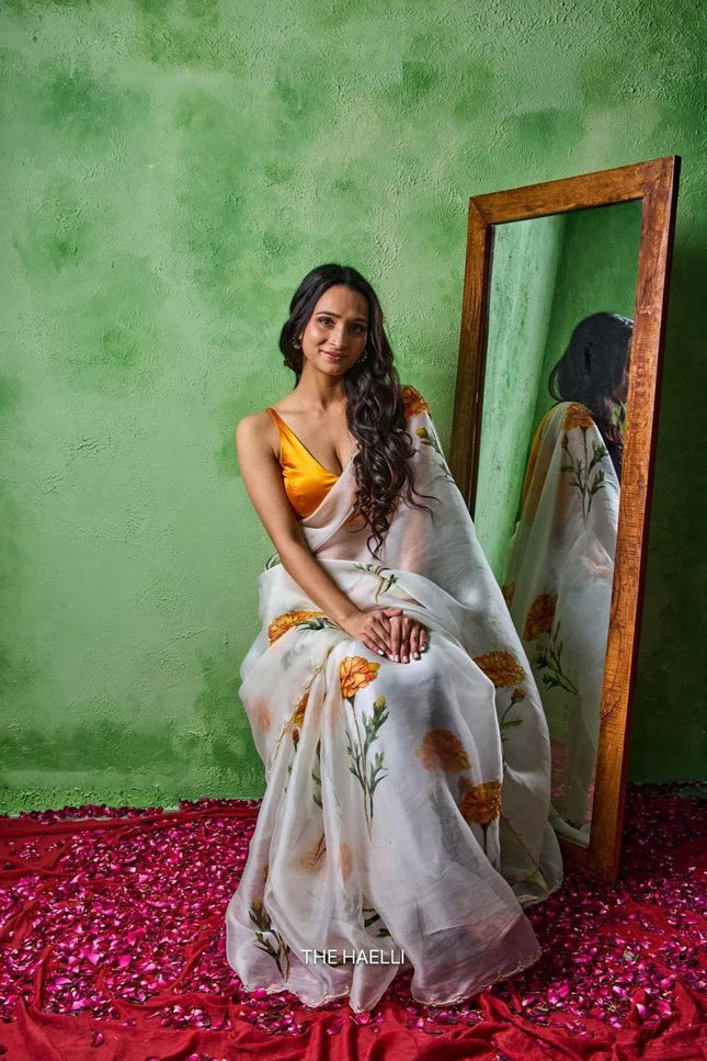 Soft Tabby With Beautiful Floral & Sparrow Print Saree | Jalapari Silk Blouse | Summer Cool Collection - Rosepetals Luxe