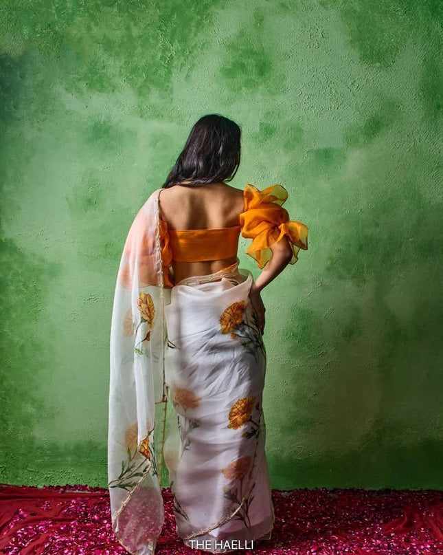 Soft Tabby With Beautiful Floral & Sparrow Print Saree | Jalapari Silk Blouse | Summer Cool Collection - Rosepetals Luxe