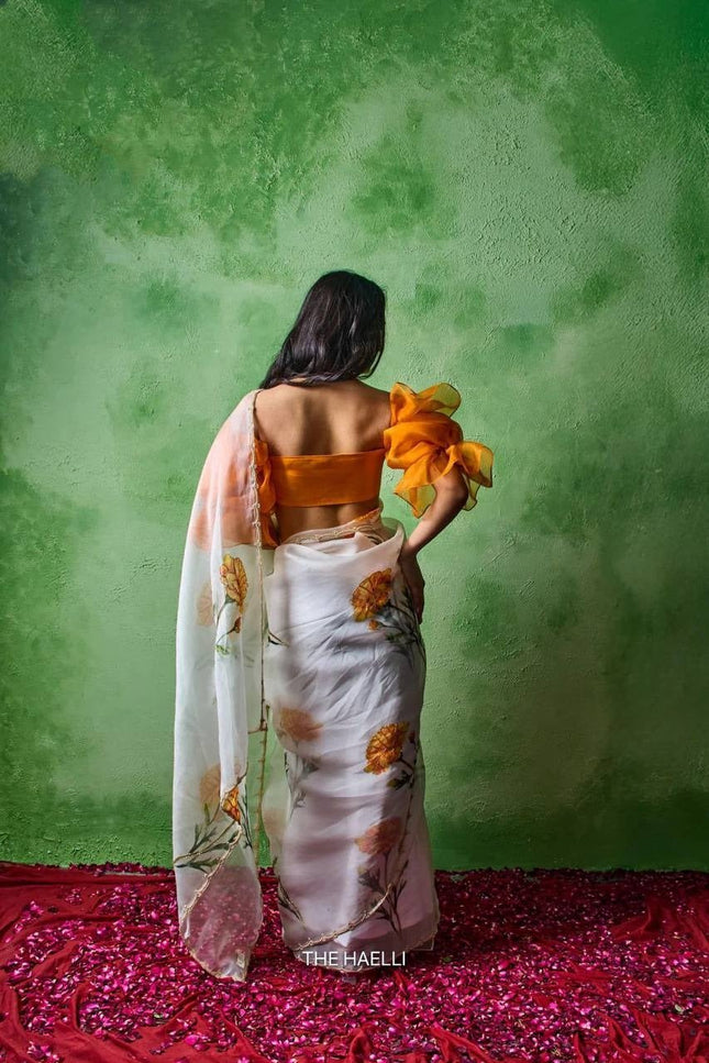 Soft Tabby With Beautiful Floral & Sparrow Print Saree | Jalapari Silk Blouse | Summer Cool Collection - Rosepetals Luxe