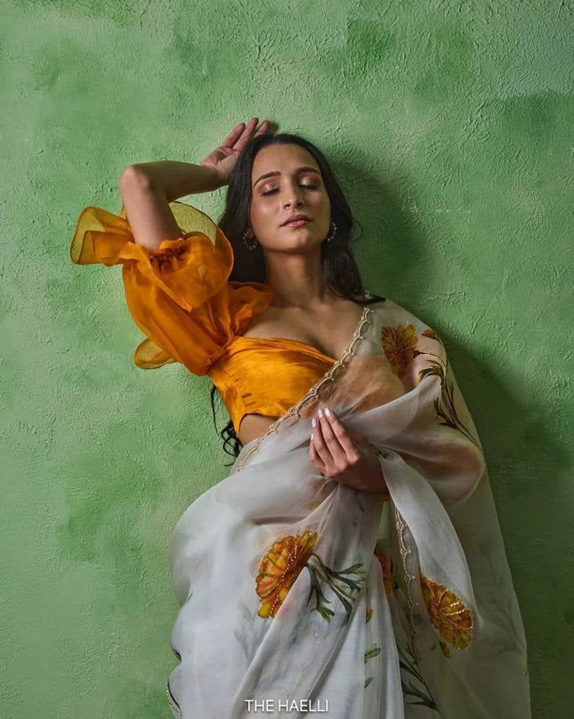 Soft Tabby With Beautiful Floral & Sparrow Print Saree | Jalapari Silk Blouse | Summer Cool Collection - Rosepetals Luxe