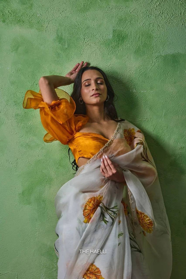 Soft Tabby With Beautiful Floral & Sparrow Print Saree | Jalapari Silk Blouse | Summer Cool Collection - Rosepetals Luxe