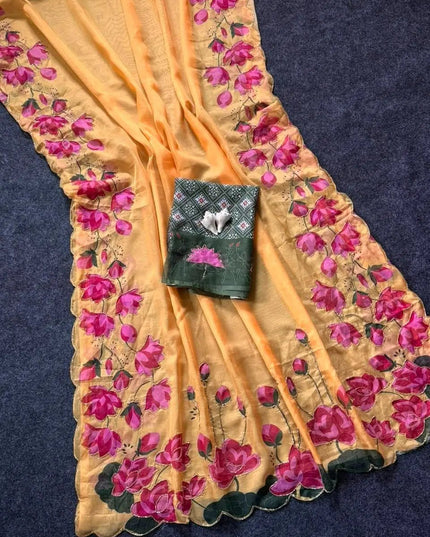 Soft Tabi Silk Kamal Print Saree | Cut Dana Handwork | Patola Blouse - Rosepetals Luxe