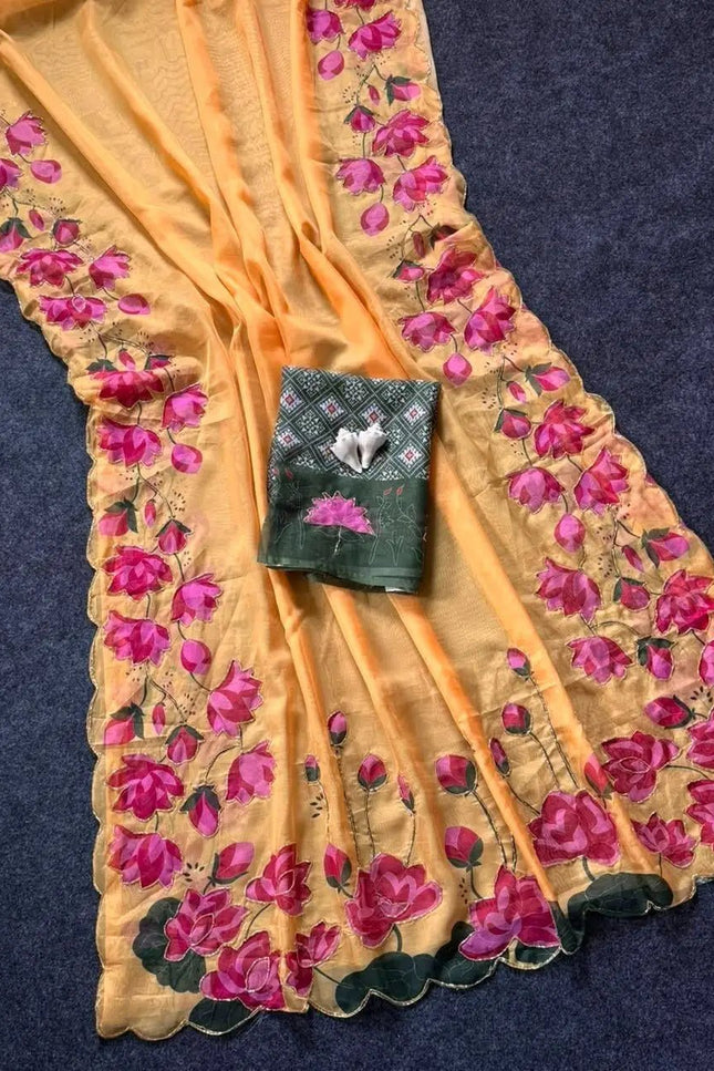 Soft Tabi Silk Kamal Print Saree | Cut Dana Handwork | Patola Blouse - Rosepetals Luxe