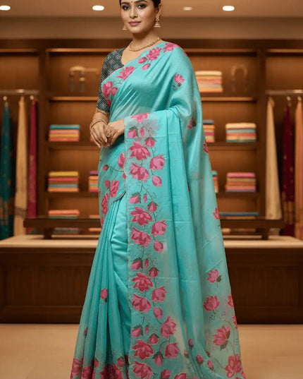 Soft Tabi Silk Kamal Print Saree | Cut Dana Handwork | Patola Blouse - Rosepetals Luxe