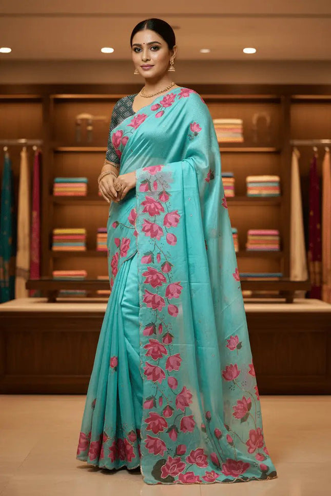 Soft Tabi Silk Kamal Print Saree | Cut Dana Handwork | Patola Blouse - Rosepetals Luxe
