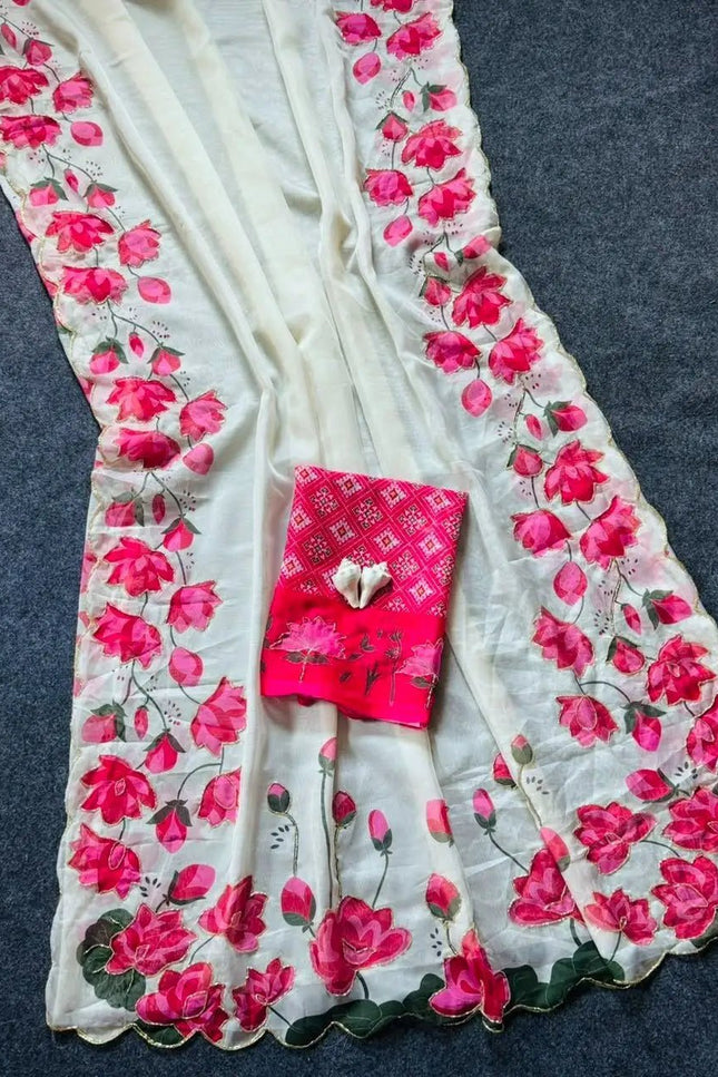 Soft Tabi Silk Kamal Print Saree | Cut Dana Handwork | Patola Blouse - Rosepetals Luxe